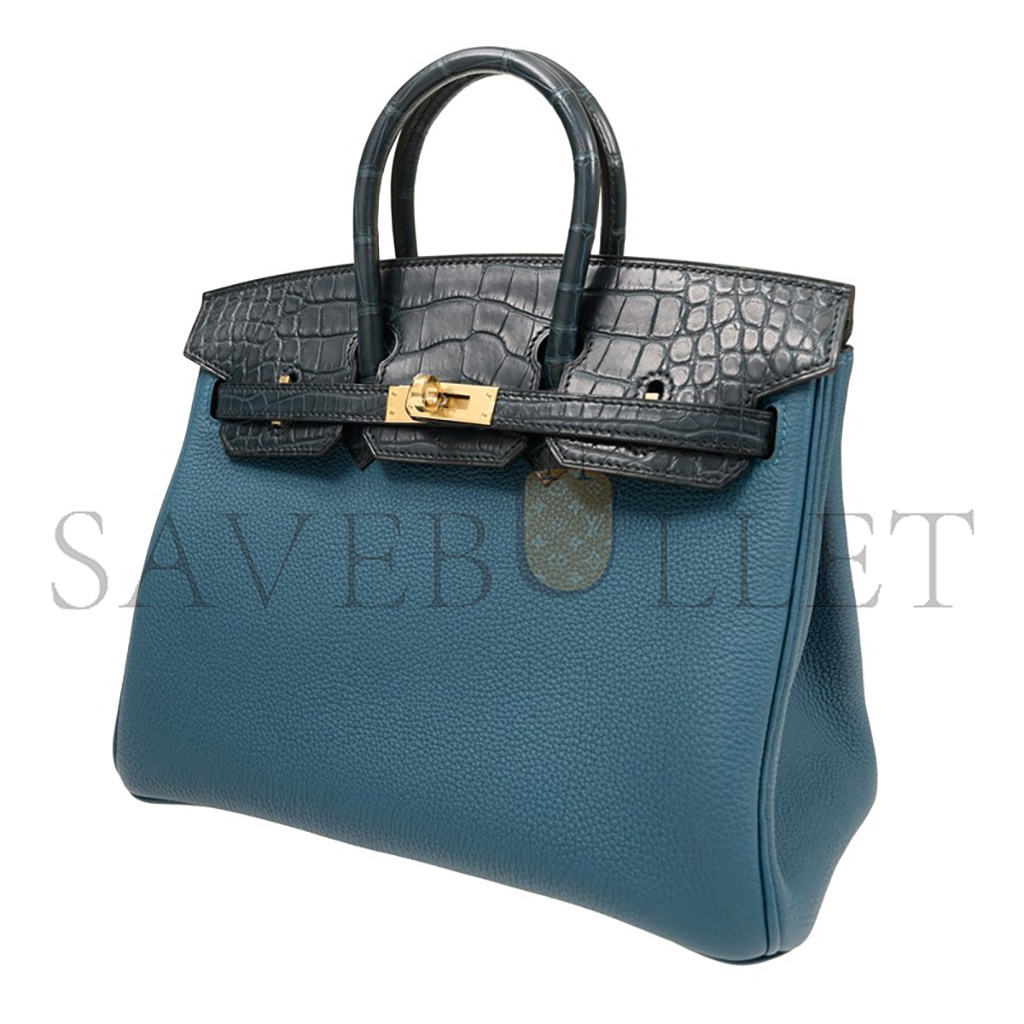 HERMÈS MASTER BIRKIN 25 CROCODILE AND TOGO LEATHER STORM BLUE GOLD BUCKLE H076216CK35 (25*20*13cm)